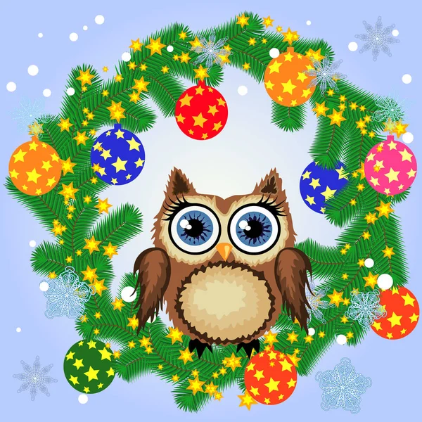 Fond Noël Avec Hibou Flocons Neige Branches Conifères Décoré Boules — Image vectorielle