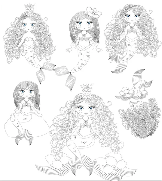 Beautiful Mermaid Underwater World Stress Coloring Book Adult Outline Drawing — Stock Vector
