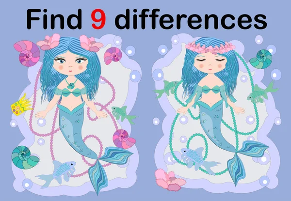 Education Game Preschool Kids Find Differences Beautiful Mermaid String Pearls — Stock Vector