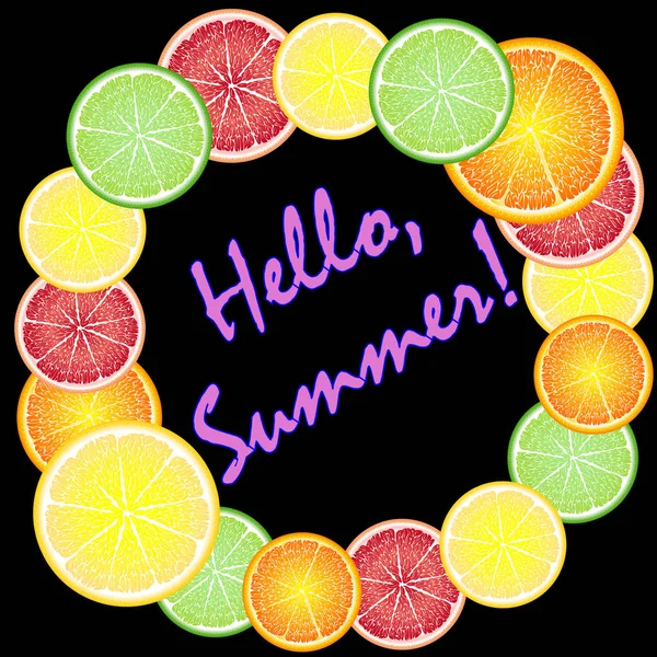 Different Fruits Pattern Hello Summer Text — Stock Vector