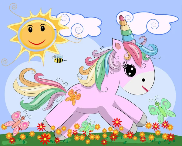 Růžový Jednorožec Louku Květinami Rainbow Slunce Dětské Ilustrace Pohádková Postava — Stockový vektor