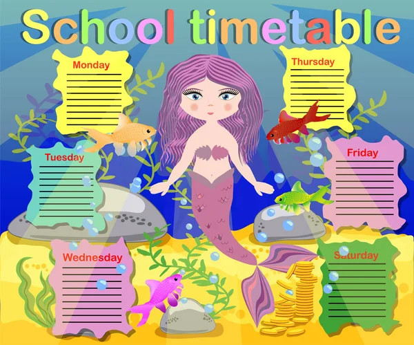 Calendario Con Giorni Settimane Scuola Programma Bambini Con Sirena Tartaruga — Vettoriale Stock