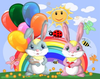 Sevimli çizgi bunnies bir kucak dolusu balonlar ve bir çayır bir tavşan kız arkadaşı ile gökkuşağı yakınındaki.