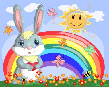 Bunny bir çayır gökkuşağı yakınındaki bir kalp ile