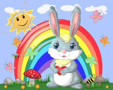 Bunny bir çayır gökkuşağı yakınındaki bir kalp ile