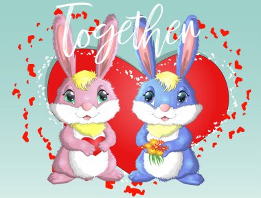 Sevgililer günün kutlu olsun. Aşk kartı. Sevimli tavşan kız ve oğlan, pembe ve kırmızı bir kalp karşı derin bir çift. 
