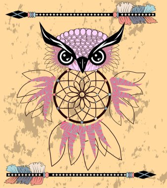 Bir baykuş, tüyler ve tüm görme gözler ile çizilmiş dreamcatcher el. 