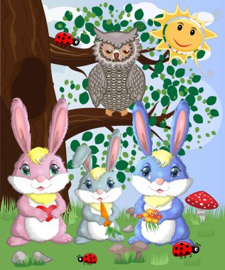 Bir orman glade içinde üç bunnies ailesi. Vektör çizim