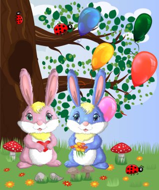 Bir orman glade içinde iki sevimli tavşanlar. Vektör çizim