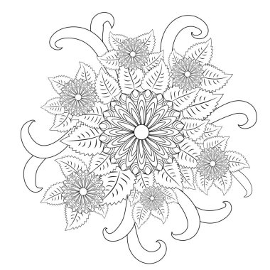 çiçek mandalaa dairesel süsleme stilize. çiçek mandala. siyah-beyaz çizim. 