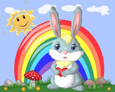 Bunny bir çayır gökkuşağı yakınındaki bir kalp ile