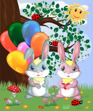 Hava balonları bir orman glade içinde iki sevimli tavşan.
