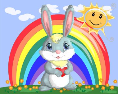 Bunny bir çayır gökkuşağı yakınındaki bir kalp ile