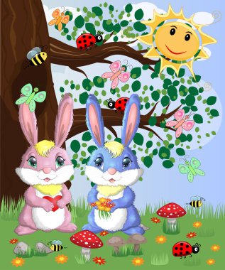 Bir orman glade içinde iki sevimli tavşanlar. Vektör çizim