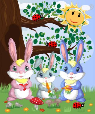 Bir orman glade içinde üç bunnies ailesi. Vektör çizim