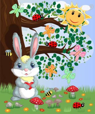 Bunny bir orman glade bir kalp ile. Bahar, aşk, kartpostal