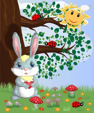 Bunny bir orman glade bir kalp ile. Bahar, aşk, kartpostal