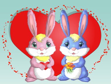 Sevgililer günün kutlu olsun. Aşk kartı. Sevimli tavşan kız ve oğlan, pembe ve kırmızı bir kalp karşı derin bir çift. 