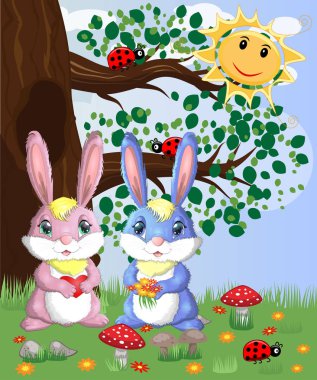 Bir orman glade içinde iki sevimli tavşanlar. Vektör çizim