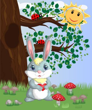 Bunny bir orman glade bir kalp ile. Bahar, aşk, kartpostal