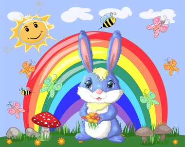 Bunny gökkuşağı yakınındaki bir çayırda bir buket ile. 