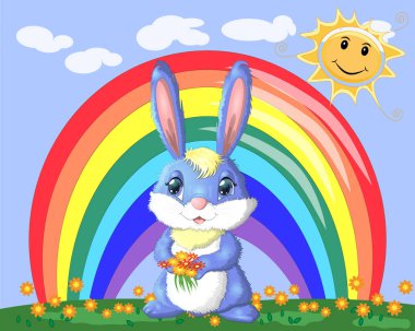 Bunny gökkuşağı yakınındaki bir çayırda bir buket ile. 