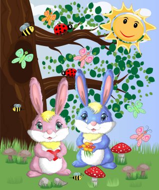 Bir orman glade içinde iki sevimli tavşanlar. Vektör çizim