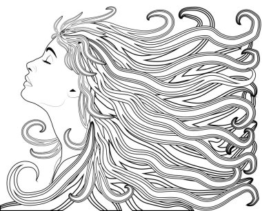 Boyama kitabı için çizilen illüstrasyon keten el kız saç akış ile.