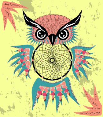 Bir baykuş, tüyler ve tüm görme gözler ile çizilmiş dreamcatcher el. 