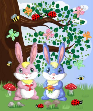 Bir orman glade içinde iki sevimli tavşanlar. Vektör çizim