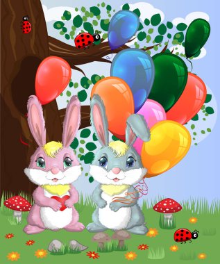 Hava balonları bir orman glade içinde iki sevimli tavşan.