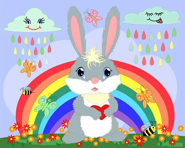 Bunny Heart Meadow Rainbow — Stock Vector