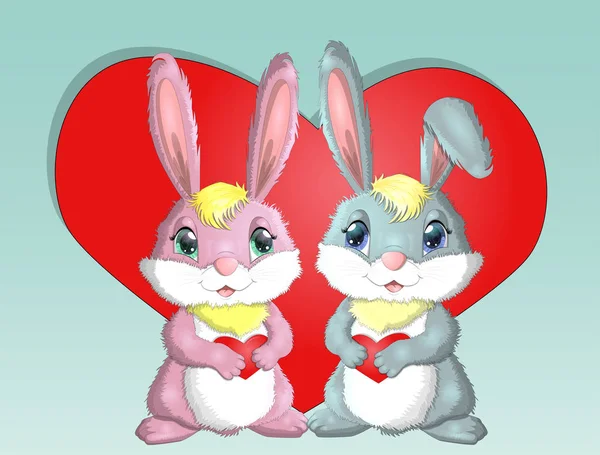 Feliz Día San Valentín Tarjeta Amor Par Conejitos Lindos Chica — Vector de stock