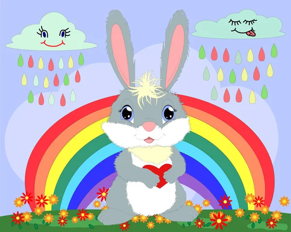 Bunny Heart Meadow Rainbow — Stock Vector