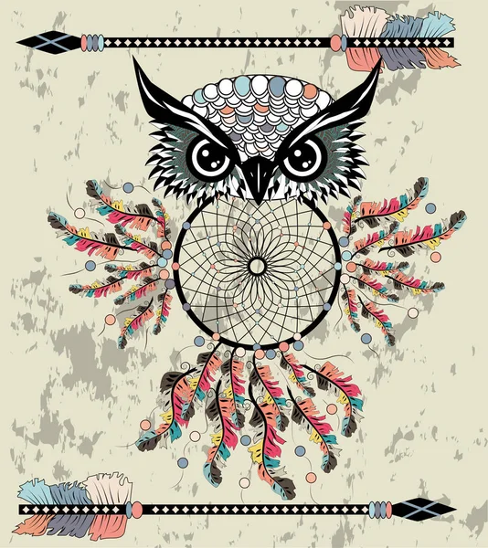 Dreamcatcher Met Uil Amerikaanse Indianen Symbool — Stockvector