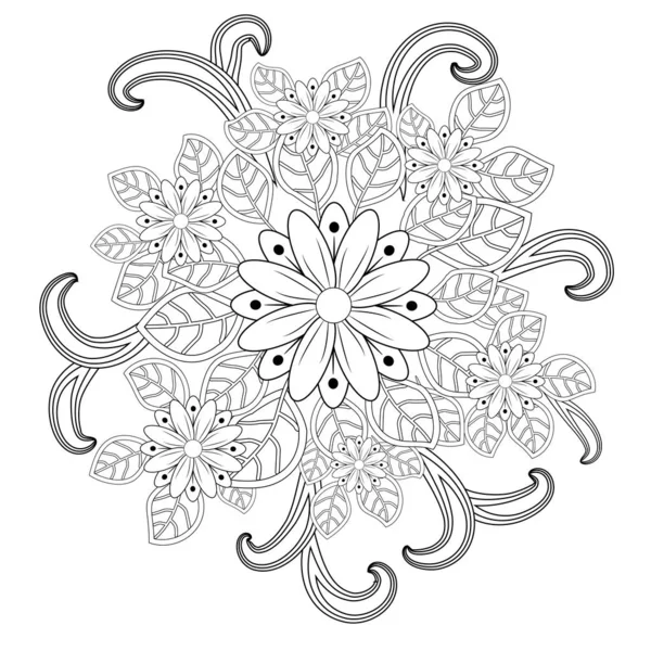 Adorno Flores Círculo Blanco Negro Diseño Encaje Redondo Ornamental Mandala — Vector de stock