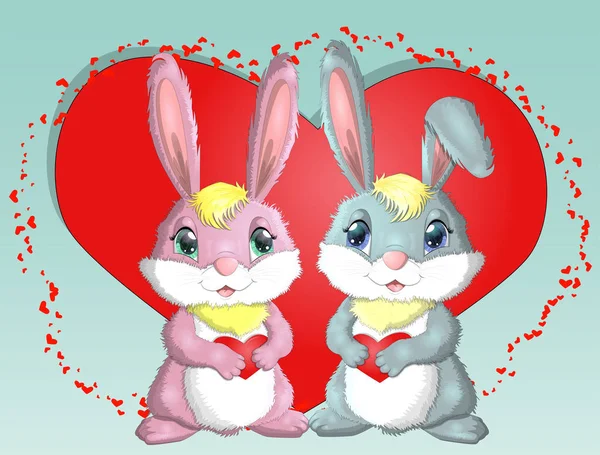 Feliz Día San Valentín Tarjeta Amor Par Conejitos Lindos Chica — Vector de stock
