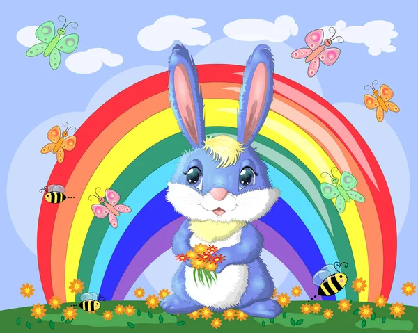 Bunny Bouquet Meadow Rainbow — Stock Vector