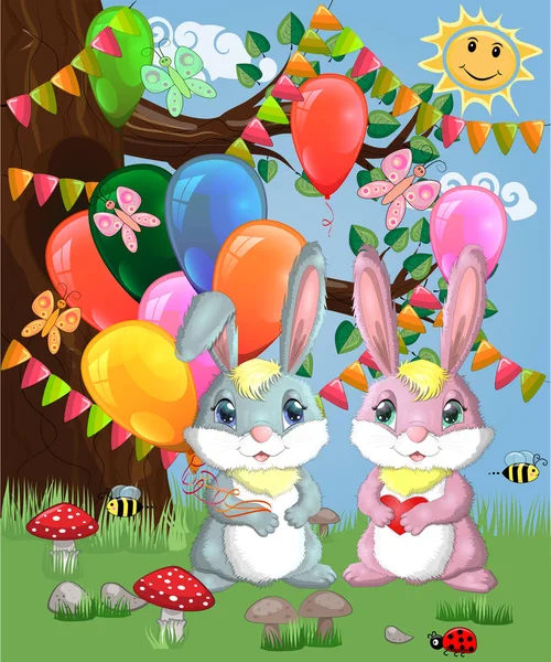 Dos Conejito Lindo Con Globos Aire Claro Bosque — Vector de stock