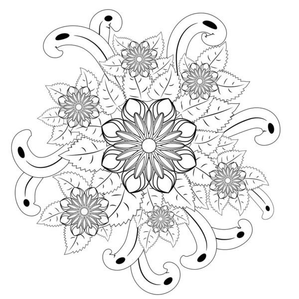 Mandalaa Floral Ornement Circulaire Stylisé Mandala Floral Dessin Noir Blanc — Image vectorielle