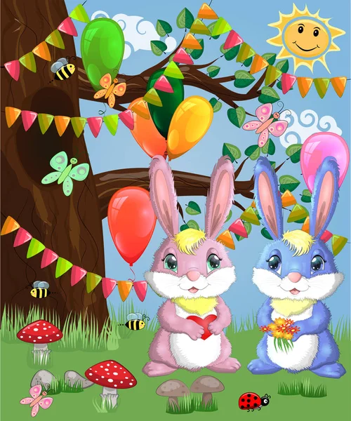 Two Cute Bunnies Forest Glade Vector Illustration — Stock Vector