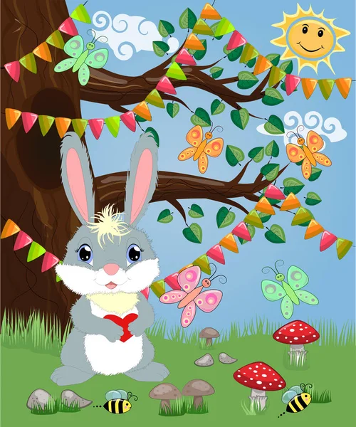 Lapin Avec Cœur Dans Une Clairière Forestière Printemps Amour Carte — Image vectorielle