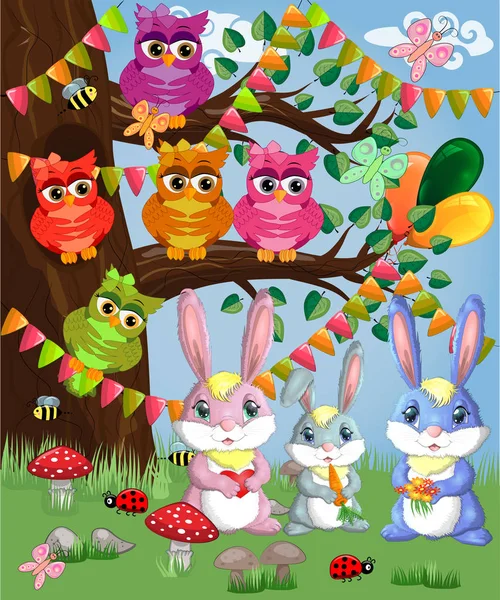 Una Famiglia Tre Coniglietti Una Radura Forestale Illustrazione Vettoriale — Vettoriale Stock