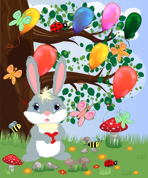 Bunny Heart Forest Glade Spring Love Postcard — Stock Vector