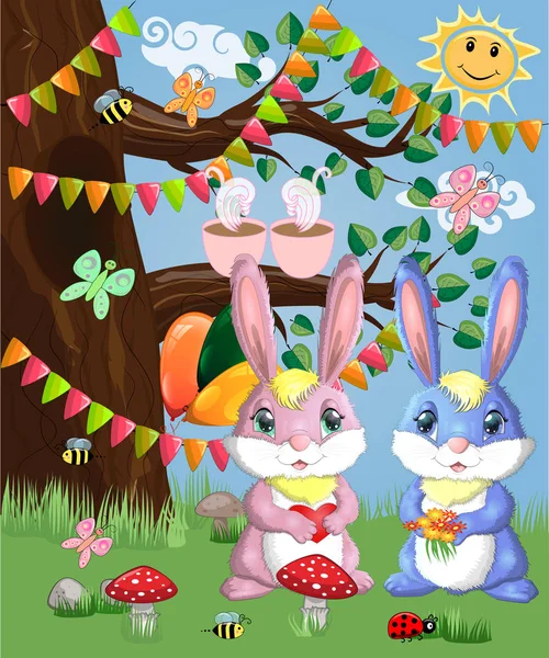 Due Simpatici Coniglietti Una Radura Della Foresta Illustrazione Vettoriale — Vettoriale Stock