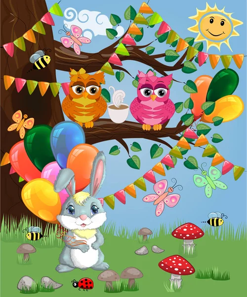 Cute Cartoon Bunny Armful Air Balloons Forest Glade — Stock Vector