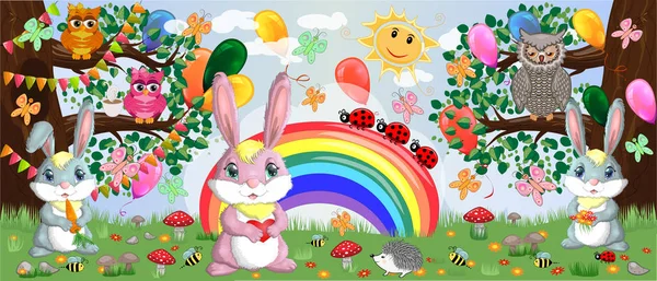 Family Three Bunnies Meadow Rainbow — Stock Vector