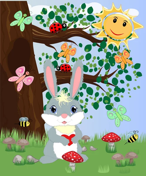 Lapin Avec Cœur Dans Une Clairière Forestière Printemps Amour Carte — Image vectorielle