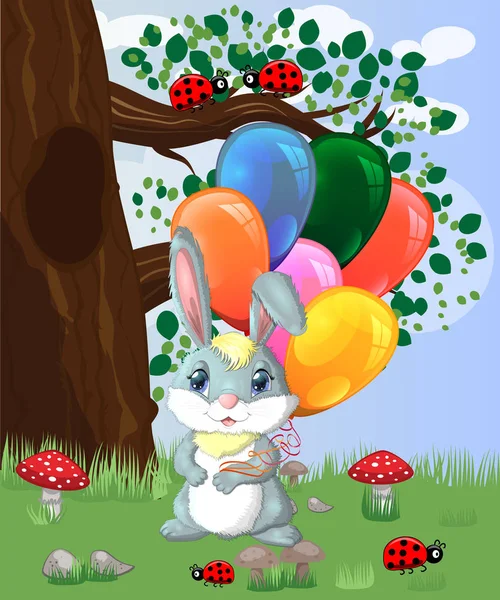 Cute Cartoon Bunny Armful Air Balloons Forest Glade — Stock Vector