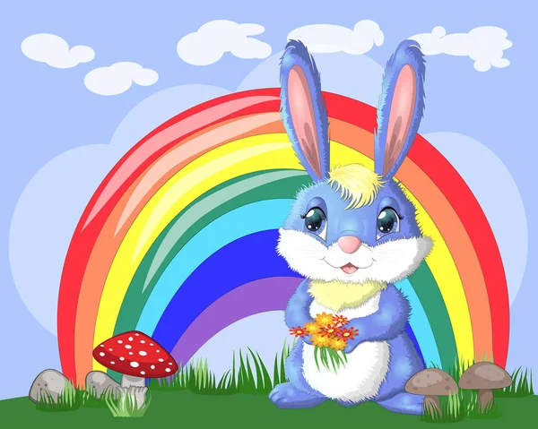 Bunny Bouquet Meadow Rainbow — Stock Vector